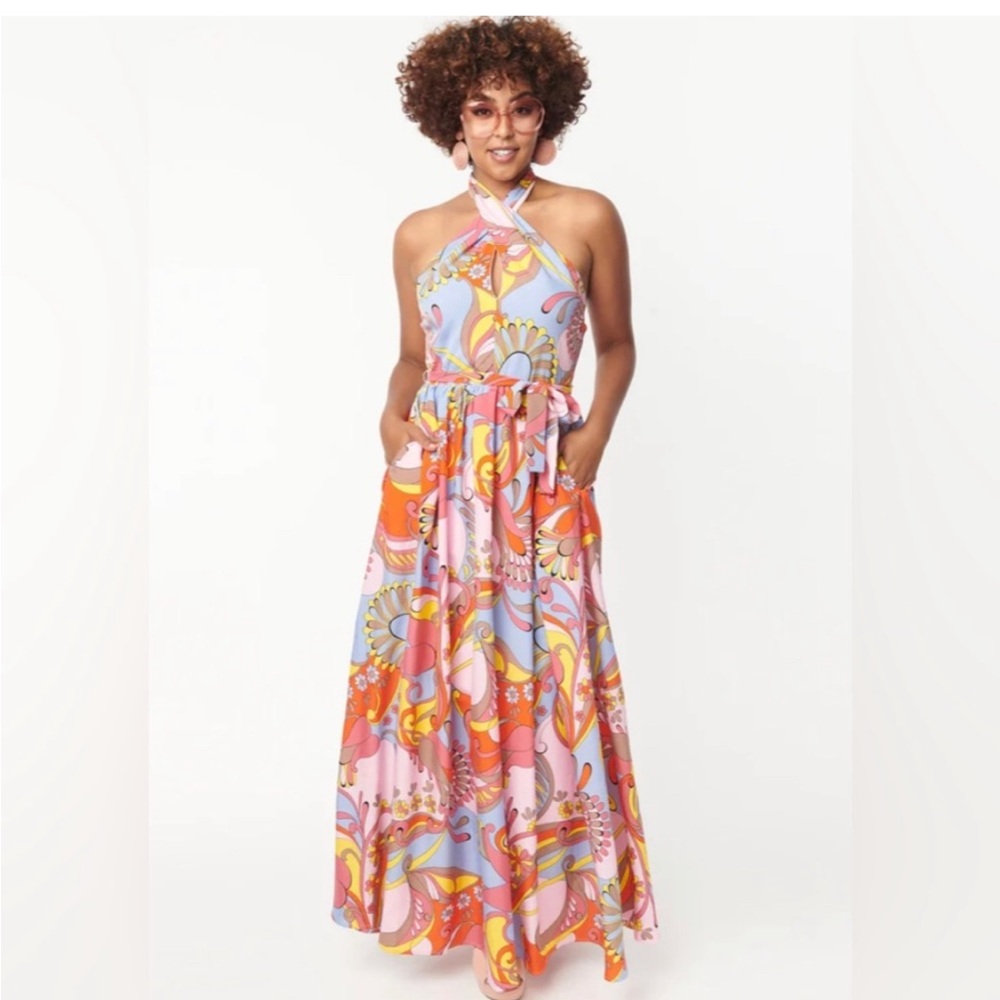 Unique Vintage Smak Parlour Medium Red Summer Paisley Budding Romance Maxi Dress
